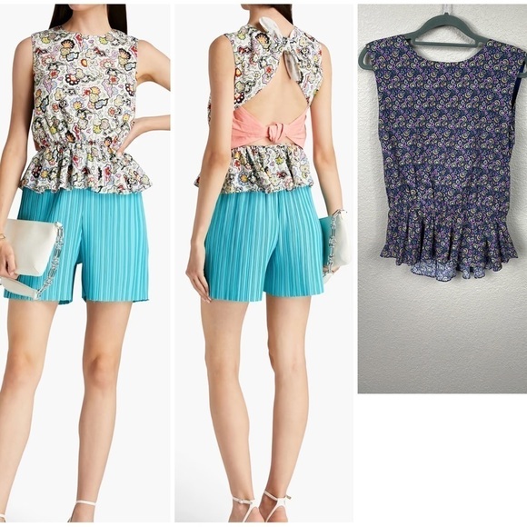NWT Rhode Linaya Top Navy Mosaic Floral Open Back Peplum Sz L - Picture 1 of 14